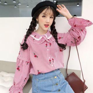 Rose Embroidered Striped Blouse Pink - One Size