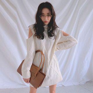 Off-shoulder Cable-knit Midi Sweater Dress
