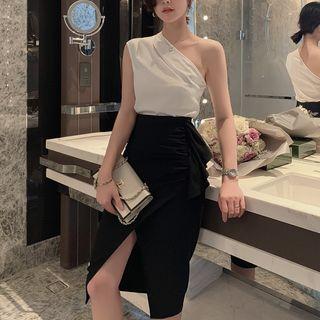 Set: One-shoulder Top + Slit Pencil Skirt