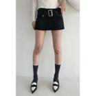 Belted Low-rise Denim Miniskirt With Inset Shorts