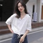 Button-up Drawstring-hem Hooded Cropped T-shirt
