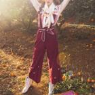 Flower Detail Cropped Wide-leg Suspender Pants
