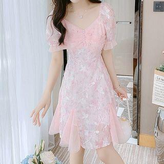 Puff-sleeve Embroidered Square-neck Mesh Dress (various Designs)