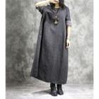 Long-sleeve Plaid Midi Dress Black - One Size