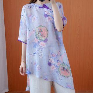 Elbow-sleeve Floral Print Irregular Linen Blouse