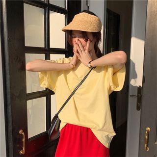 Plain Crew-neck Elbow-sleeve T-shirt / Midi Straight-fit Skirt