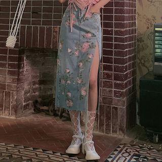 Rose Print Slit Midi Denim Skirt