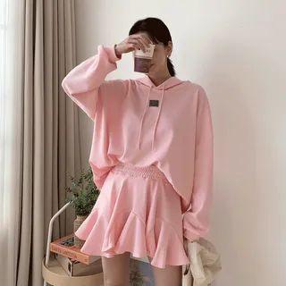 Set: Patch-detail Hoodie + Ruffle-hem Miniskirt