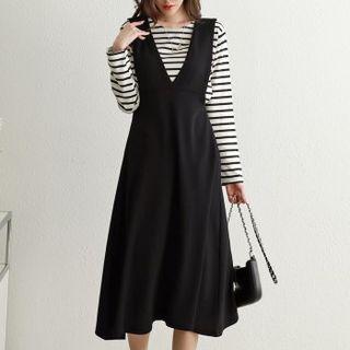 Set: V-neck Midi Overall Dress + Stripe T-shirt