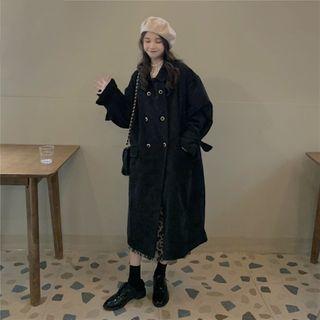 Corduroy Collared Double Buttoned Woolen Coat Black - One Size
