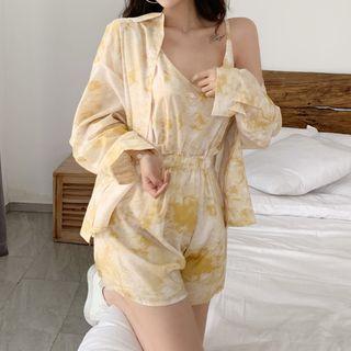 Printed Camisole / Wide Leg Shorts / Long-sleeve Shirt / Set