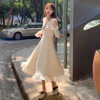 Long-sleeve Ruffle Hem Midi A-line Dress / Mini A-line Dress