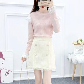 Set: Lace-trim Knit Top + Double-breasted Skirt