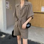 Short-sleeve Plaid Collared Romper Gray - One Size