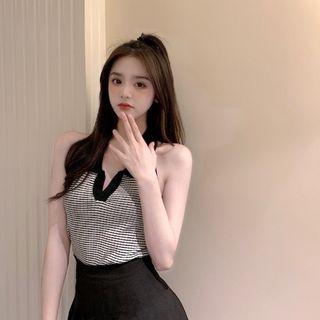 Halter Collared Tank Top / Pleated Mini A-line Skirt