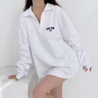 Long Sleeve Collar V-neck Lettering Oversized Sweatshirt White - One Size