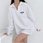 Long Sleeve Collar V-neck Lettering Oversized Sweatshirt White - One Size