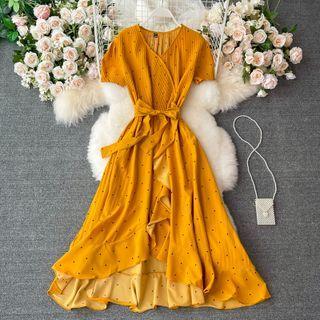 Dot V-neck Asymmetrical Dress Yellow - One Size