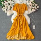 Dot V-neck Asymmetrical Dress Yellow - One Size