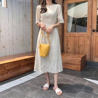 Pintuck Tie-waist Long Linen Blend Dress