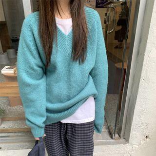 Long-sleeve Plain  V-neck Knit Sweater