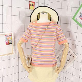 Short-sleeve Cold Shoulder Striped Knit Top