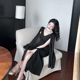 V-neck Flared-sleeve Midi Sheath Dress