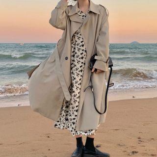Long-sleeve Floral Print Midi A-line Dress / Trench Coat