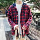 Lettering Plaid Panel Buttoned Hooded Jacket