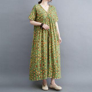 V-neck Floral Maxi A-line Dress Green - One Size