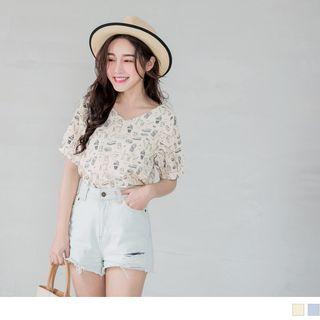 Puff Sleeve V-neck Print Top