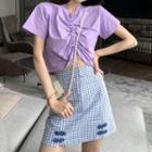 Drawstring Short-sleeve Crop Top / Checked High-waist Mini A-line Skirt