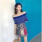 Off-shoulder Slim-fit Short-sleeve Knit Top / Cartoon Print A-line Skirt