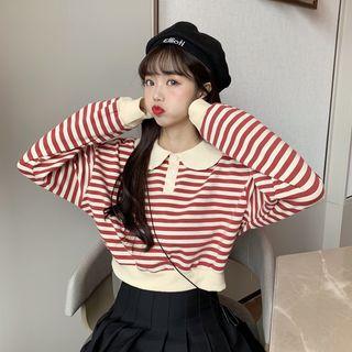 Striped Peter-pan Collar Long-sleeve Cropped Top