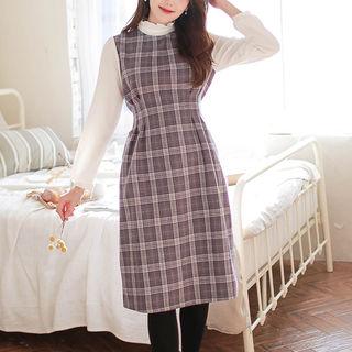 Contrast Frill-neck Midi Plaid Dress