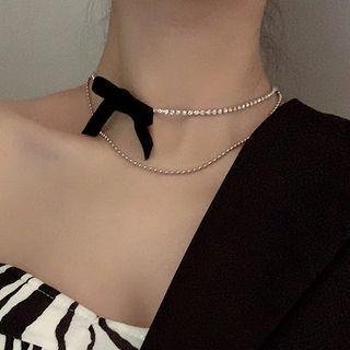 Bow Rhinestone Layered Alloy Choker 1pc - Black & Silver - One Size