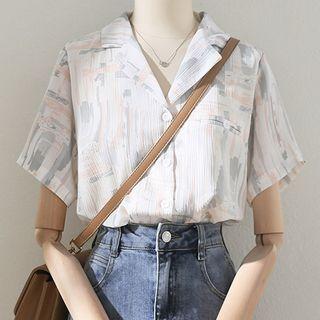 Short-sleeve Notch Lapel Print Chiffon Shirt