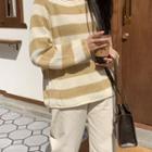 Round-neck Striped Knit Top Beige - One Size