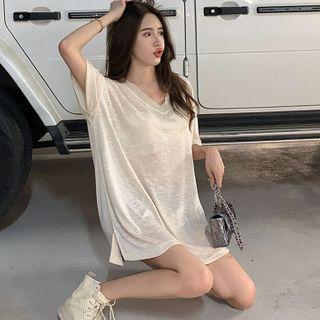 Elbow-sleeve V-neck T-shirt Almond - One Size