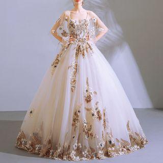 Elbow-sleeve Floral Embroidery Wedding Gown