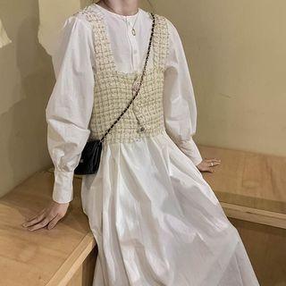 Tweed Camisole Top / Plain Long-sleeve Midi Shift Dress