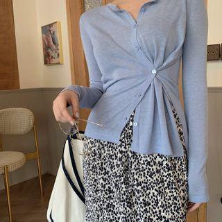 Plain Long-sleeve Cardigan / Floral Side-slit Skirt