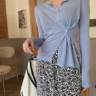 Plain Long-sleeve Cardigan / Floral Side-slit Skirt