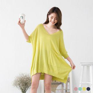 Plain Cotton Yarn Dolman Sleeved Dipped Hem Top