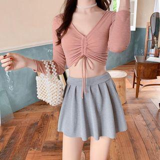 Set: Long-sleeve Drawstring Swim Top + Bottom + Swim Skirt