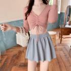 Set: Long-sleeve Drawstring Swim Top + Bottom + Swim Skirt