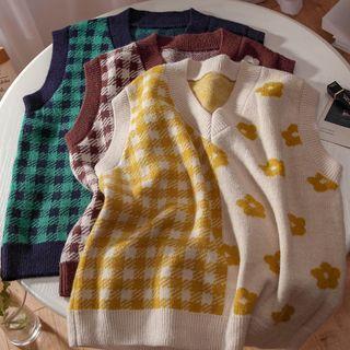 V-neck Floral Print Plaid Panel Sweater Vest