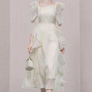 Ruffle Sleeve Chiffon Midi A-line Dress