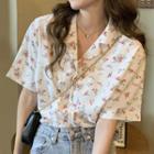Elbow-sleeve Floral Print Open-collar Shirt