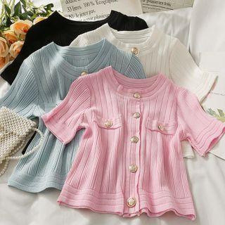 Slim-fit Button-up Ribbed-knit Top